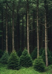 Evergreen Trees in Forest with Lush Green Grass Ground Cover