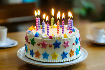 Close-up of a festive birthday cake with an orange and blue theme