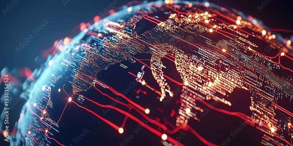 Poster visual representation of interconnected global networks highlighting regions with digital data flow