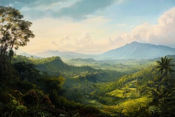 Fototapeta premium Green Hill Valley View with Mountainscape and Tropical Jungle Scenery