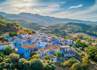 Fototapeta premium Exploring Andalusian Village High Angle View of JÃºzcar in Malaga Spain