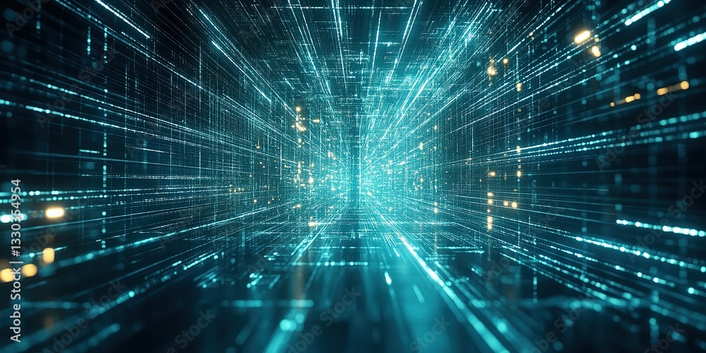 Poster digital tunnel of light showcasing advanced technology and data visualization with vibrant colors an