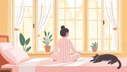 Relaxed woman meditating in sunroom with pet cat, inner peace