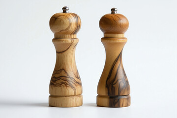 Close-up of a pepper and salt sprinkler, made of wood, on a white background