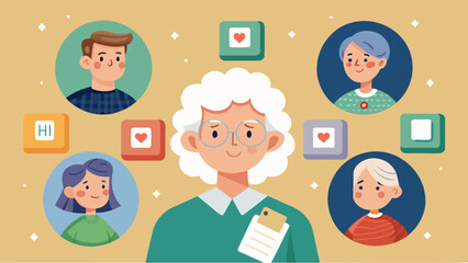 A game of name association where seniors are shown images and prompted to recall specific names or details.. Vector illustration