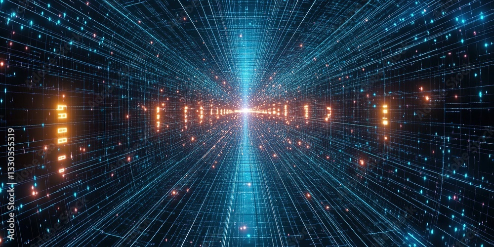 Poster dynamic visualization of a futuristic tunnel with bright lights and grid patterns in a digital envir