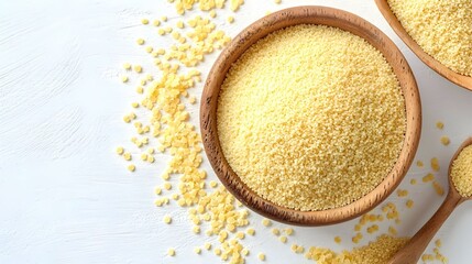 Set with uncooked organic semolina on white