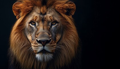 Fototapeta premium Majestic lion portrait against black background.