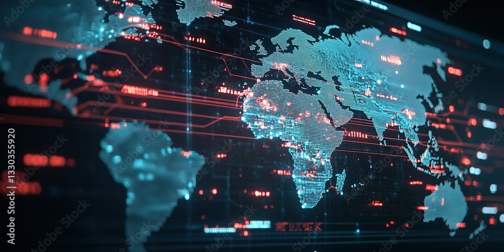 Poster digital world map displaying connections and data analysis in a high-tech environment