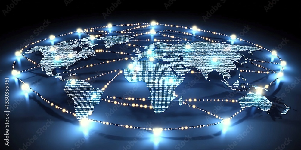 Poster global digital network connection represented by illuminated nodes and lines across a world map at n