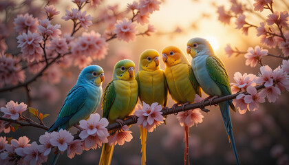 Obraz premium Five vibrant parrots of various colors sit on a branch adorned with cherry blossoms, illuminated by the warm light of sunset, creating a tranquil nature moment