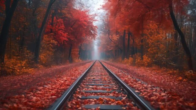 Autumn maple leaves cover the tracks, creating an atmosphere of mystery and romance