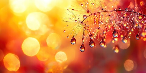 Raindrops glisten on delicate plant branches as golden light creates a warm atmosphere in nature's beauty