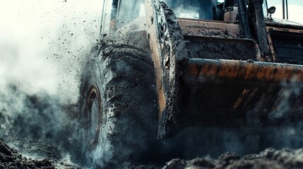 Close-up view of a bulldozer operating on a construction site during daylight creating dust and debris