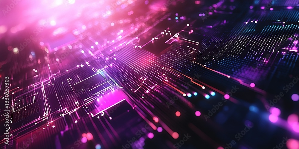 Poster abstract digital circuit design featuring vibrant colors and intricate patterns in a modern tech env