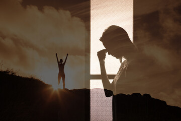 Young woman with mental depression, people problems finding inner strength to overcome, will power 