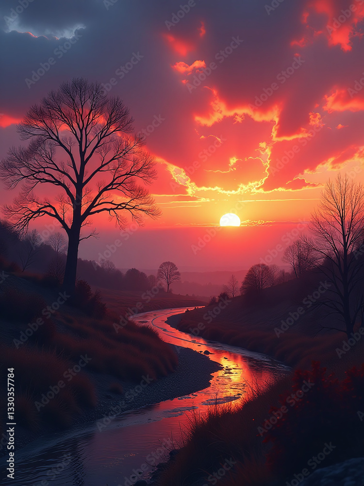 Poster dawn brings colorful emergence from bleak landscape as dark shadows surrender to gentle warmth of ri