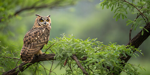 Fototapeta premium A striking owl sits gracefully on a tree branch, surrounded by vibrant green leaves. The tranquil setting highlights the beauty of nature during a serene afternoon