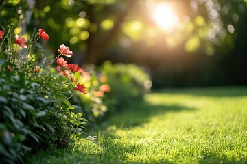 Beautiful garden with blooming flowers and sunlight filtering through trees in late afternoon