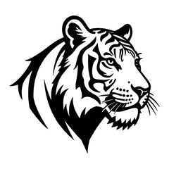Obraz premium Minimalist Head Tiger Profile Silhouette Line Art Drawing in Black and White Outline Line Art Drawing