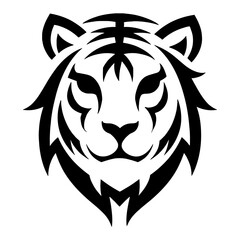 Fototapeta premium Minimalist Tiger Head Front View Silhouette in Black and White Outline Line Art Drawing Style