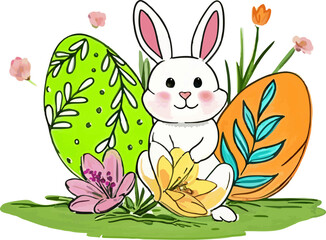 illustration of eggs and rabbits colorful beground flowers on Easter day