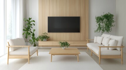 A peaceful minimalist living room with a white sofa, light wooden furniture, and a wood-grain TV wall