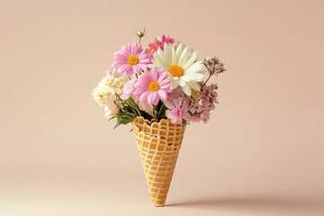 Waffle cone with spring and summer flowers