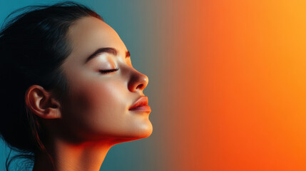 Fototapeta premium A side-profile portrait of a woman with her eyes closed, immersed in deep thought. The image utilizes a bold two-tone contrast, where light and shadow shape her face dynamically