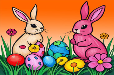 illustration of eggs and rabbits colorful beground flowers on Easter day