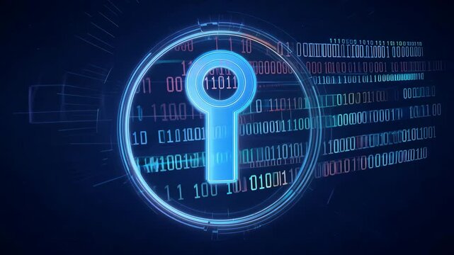 A holographic wireframe keyhole spins dynamically with binary code flowing through it, set against a dark blue background.