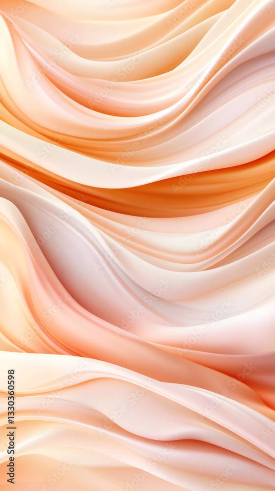 Poster pastel orange and white waves blending seamlessly, forming fluid abstract pattern with graceful, dyn
