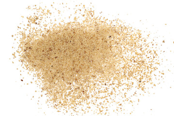 Walnut chopped, grated pile isolated on white, top view