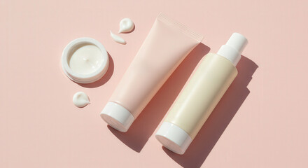Pastel skincare products arranged on a soft background