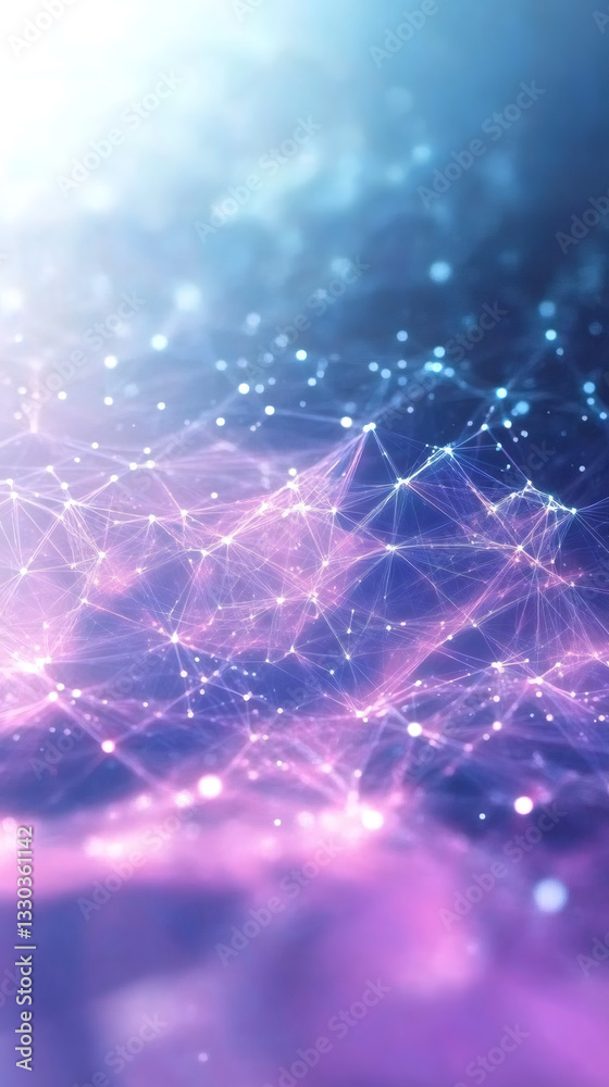 Poster plexus network forming a digital landscape with glowing particles and a gradient from blue to purple