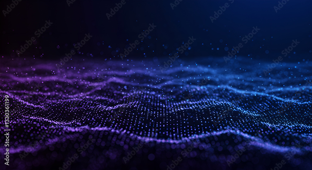 Poster modern digital technology wave background. futuristic glowing particle mesh with violet gradient for