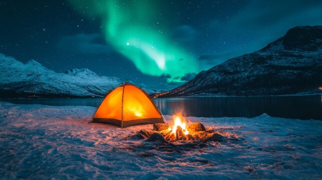 Campfire and Tent Underneath the Aurora Borealis