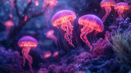 Glowing jellyfish in vibrant underwater seascape at night