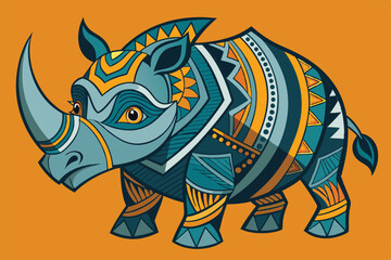 Fototapeta premium A detailed tribal design featuring a rhinoceros adorned with colorful patterns against an orange backdrop, Tribal illustration of a rhinoceros