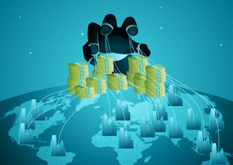Mysterious hand with stacks of money controlling global wealth by manipulating countries worldwide. Symbolizes financial dominance, economic manipulation, and hidden power in the global economy