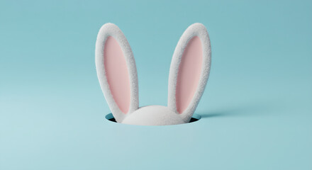 Funny easter background. Animal ears visible from hole, bunny hiding gesture, congratulatory banner for easter holiday card, surprise with rabbit ear, april decoration