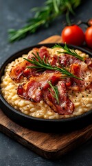 Pancetta risotto is presented on black skillet with sprigs of rosemary sitting on a wooden board, with tomatoes against a dark background.