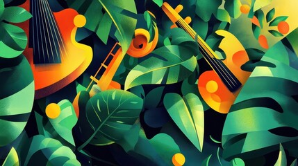 Musical instruments amongst lush vibrant tropical vegetation artwork