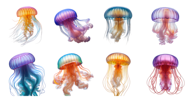 Vibrant Jellyfish Collection in Vivid Colors and Unique Styles, Bundle Set Collection, Isolated on Transparent Background