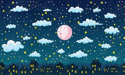 Watercolor Mural Wallpaper. Wallpaper for kids. Wallpaper for children's room with the night town  © александр Бужореан