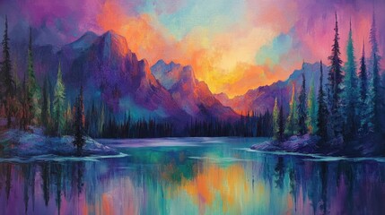 Vibrant Sunset Over Mountain Lake And Forest