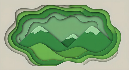Green nature mountain landscape with paper cut effect for earth day card, st patrick's day design, summer sale banner, eco-friendly packaging, vector layered illustration