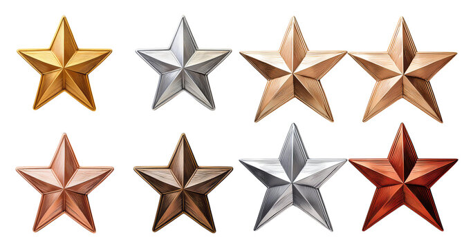 Collection of eight shiny metallic five-pointed stars in various colors, PNG bundle collection, Isolated on Transparent Background