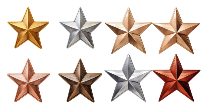 Collection of eight shiny metallic five-pointed stars in various colors, PNG bundle collection, Isolated on Transparent Background