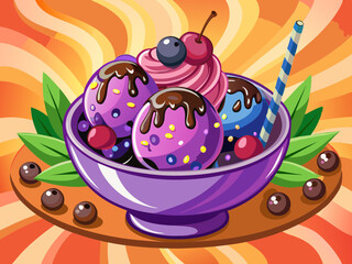 vector of  Bowl of ice cream of black currant.